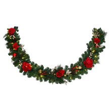 Evergreen holiday garland with red roses, pinecones, and small warm lights