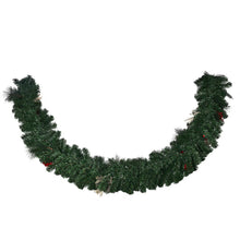 Evergreen garland with small red rose accents and pine texture