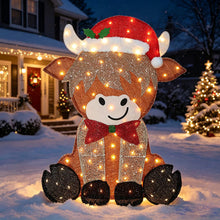 Glitter mesh highland cow holiday decoration with Santa hat and lights, 32 in