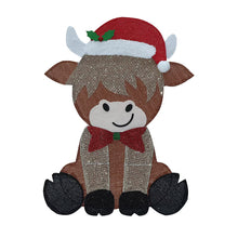 Glitter mesh highland cow holiday decoration with Santa hat and red bow tie, black hooves