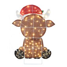 Glitter mesh highland cow holiday decoration front with Santa hat, bow tie, and lights, 32 in