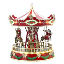 Animated carousel toy with red and gold platform, horse riders and central drum