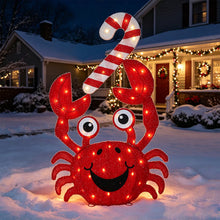 Red glitter mesh crab yard decoration with candy cane-striped antenna and smiling face