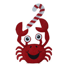 Red glitter mesh crab decoration with candy cane-striped antenna and raised arms