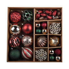 Christmas ball ornaments set in red and green with metallic gold accents, assorted finishes