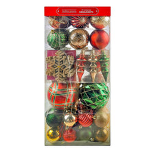 Christmas ornament balls set, red and green glitter, plaid and mesh balls in clear box