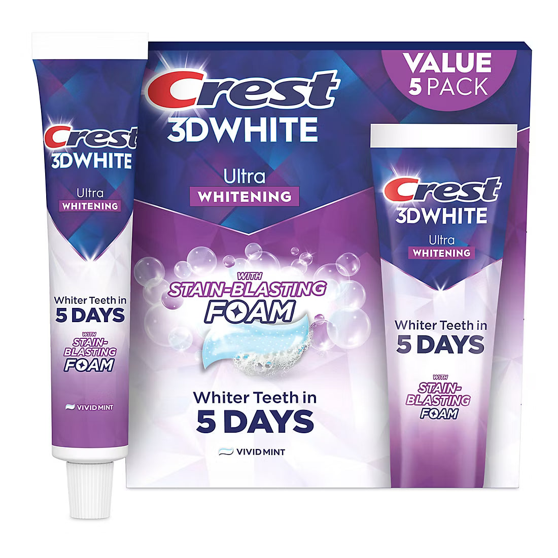 Crest 3D White Ultra Whitening Toothpaste, Vivid Mint, 5 pk./5.2 oz.