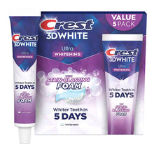 Crest 3D White Ultra Whitening toothpaste 5-pack with Vivid Mint tubes and box