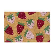 Coir outdoor mat with strawberry pattern, red and pink strawberries on tan.