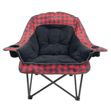 Heated lounge chair with black fleece seat and red-black buffalo plaid back