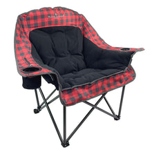Heated lounge chair with black fleece seat and red-black buffalo plaid side panels