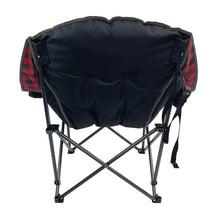 Heated lounge chair rear view with black back panel and red-black buffalo plaid covers