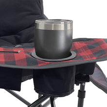 Heated chair cup holder on armrest with gray base and red-black plaid trim