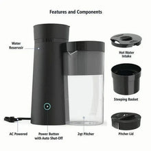 Black iced tea and coffee maker parts: pitcher, lid, steeping basket, reservoir
