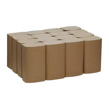 Singlefold paper towel stack of brown rolls, tightly wrapped in cardboard