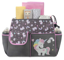 Gray unicorn-print diaper duffle bag with front pockets, open top and colored contents