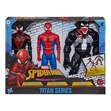 Boxed 3-pack action figures with Spider-Man, Miles Morales, and Venom character designs