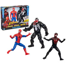 3-piece superhero action figure set: Spider-Man, Miles Morales, and Venom characters