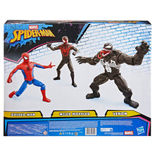 Back of boxed 3-pack action figures showing Spider-Man, Miles Morales, and Venom