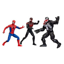 Three superhero action figures posed together: Spider-Man, Miles Morales, and Venom