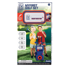 Kids toy golf set in retail box with blue carry case, clubs, balls, and tees
