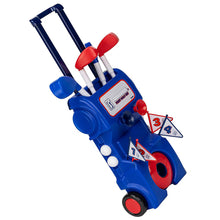 Blue plastic kids golf set with wheeled case, red driver, white ball and tee