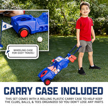 Blue rolling plastic carry case for kids golf set, with clubs and balls