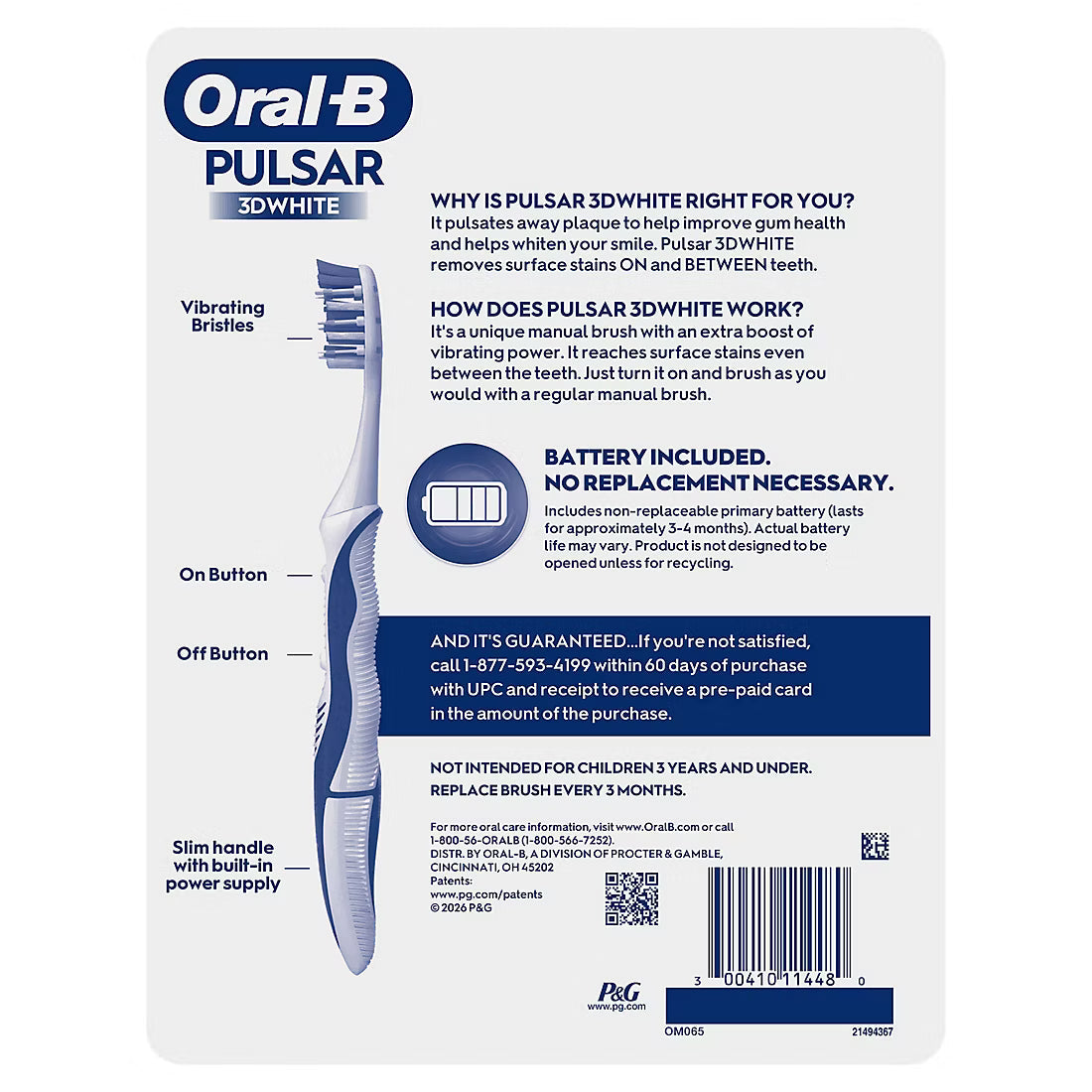 Oral-B Pulsar 3D White Battery Powered Toothbrush, Soft, 5 ct.