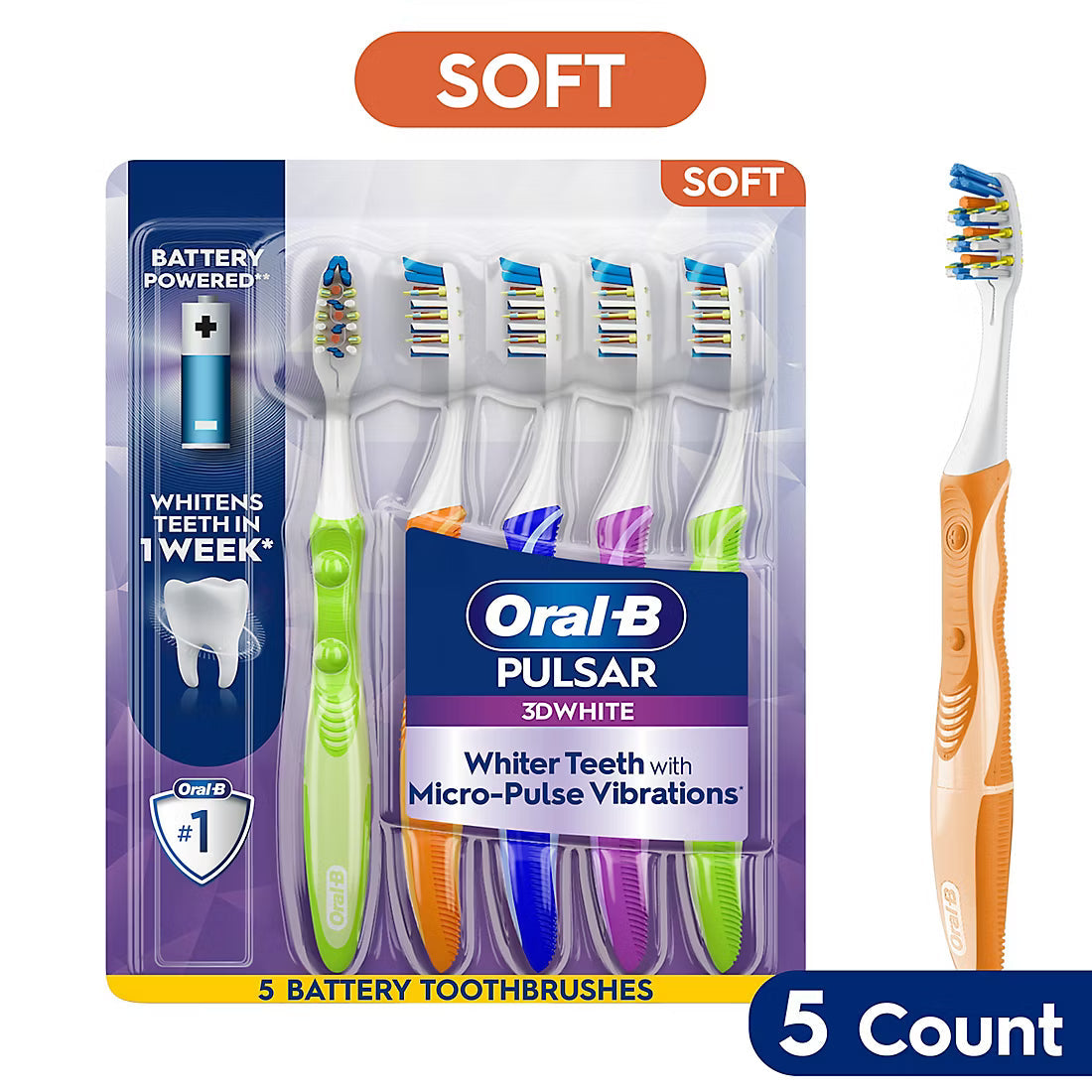 Oral-B Pulsar 3D White Battery Powered Toothbrush, Soft, 5 ct.