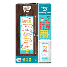 Door-and-floor doodle mat box side with instructions and 27 drawing tools, aqua
