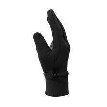 Black softshell gloves with raised thumb panel and adjustable wrist strap