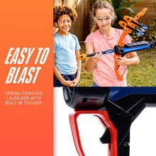 Spring-powered kids bow and arrow set with orange-and-blue foam launcher and arrows