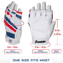 Kids receiver gloves: white Franklin gloves with red/blue striped backs; palm and wrist fit