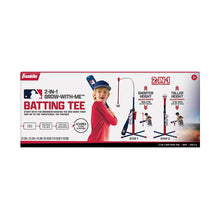 MLB batting tee product box packaging with Franklin branding and 2-in-1 feature icons