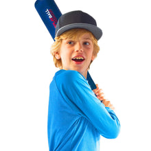 Kids using batting tee with blue stand and red ball, child wearing cap and holding tee