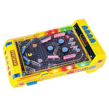 Arcade pinball tabletop game in yellow box, angled view with lit playfield window