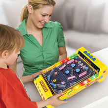 Arcade pinball tabletop game box held by two kids, showing maze playfield window