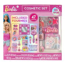 Barbie cosmetic set box showing included makeup pieces, star-shaped brush and compact