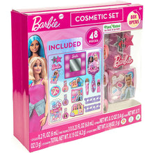 Barbie cosmetic set packaging with doll face and boxed mirror compact