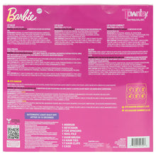 Barbie cosmetic set box back with ingredient, directions and shade icons