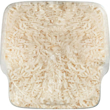 Square clear container filled with white long-grain basmati rice