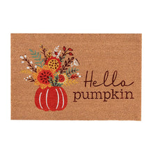 Coir doormat with “Hello pumpkin” lettering and autumn pumpkin bouquet
