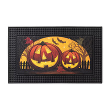 Halloween LED light and sound doormat with orange jack-o'-lanterns graphic