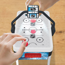 White NHL arcade air hockey tabletop with pink buttons and control panel