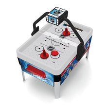 White NHL arcade air hockey table with red pucks, cones, and black rails