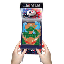 MLB arcade tabletop game box, baseball-themed playfield, held in hands
