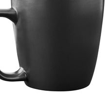 Matte black stoneware mug close-up of body and handle edge