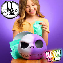 Neon edition mystery capsule toy skull in white and purple, with mint bag held nearby