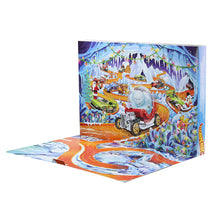Hot Wheels advent calendar box with fold-out front insert and snowy racing artwork