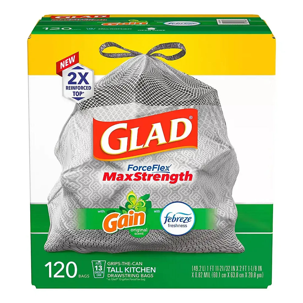 Glad ForceFlex MaxStrength Tall Kitchen Trash Bags - Gain Original with Febreze Freshness, 120 ct./13 gal. - USA MEGA SHOP